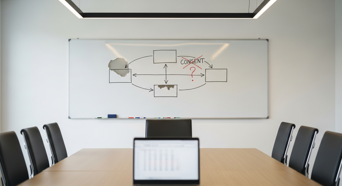 Empty meeting room with half-erased consent architecture diagram on whiteboard showing disconnected system flows