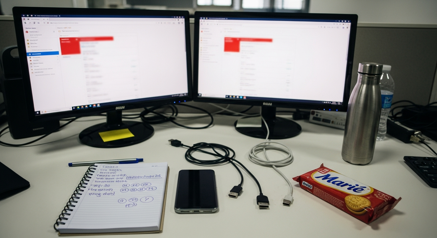 Messy ops desk in a Bangalore office — CRM dashboards with red notifications, Hindi notes in a notebook, tangled cables