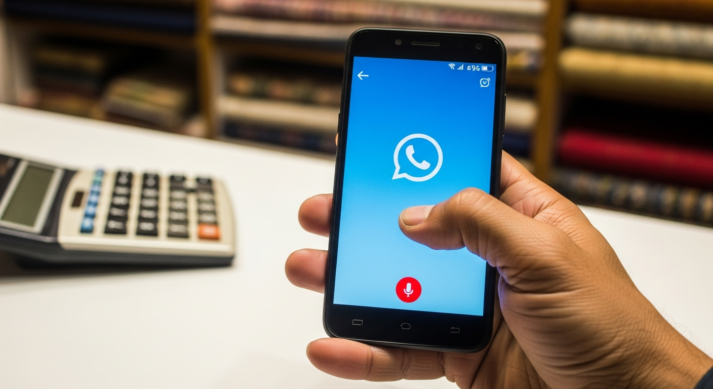 Hand holding a phone recording a WhatsApp voice note in a textile shop in Surat — the customer who will never type in English
