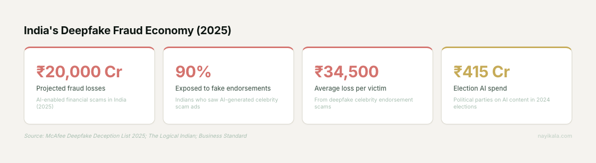 India's deepfake fraud economy 2025: Rs 20,000 crore projected losses, 90% exposed to fake endorsements, Rs 34,500 average victim loss, Rs 415 crore election AI spend