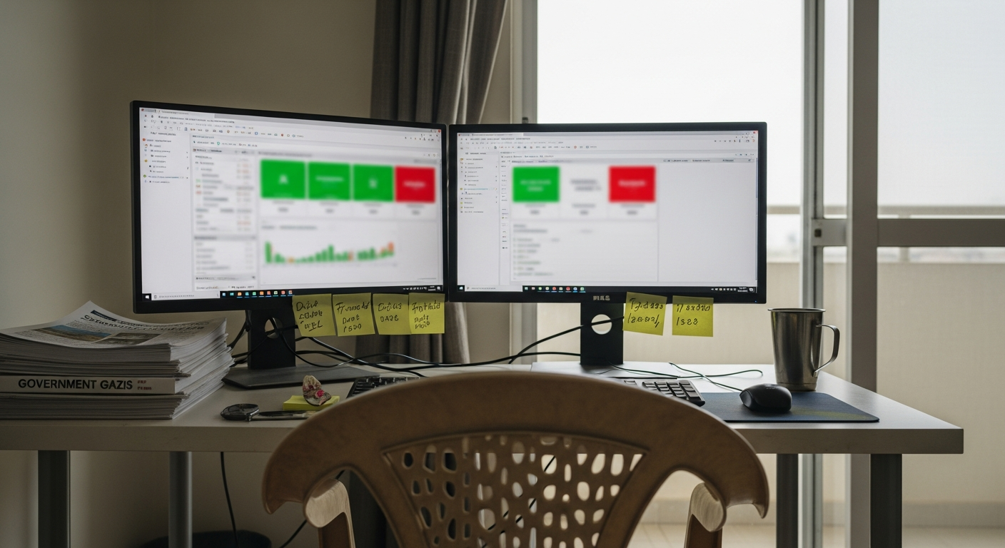 Startup founder's home office in Pune with dual monitors showing analytics and a stack of government gazette printouts