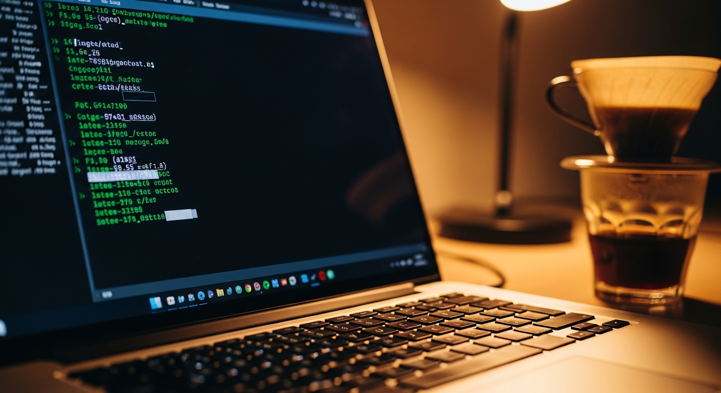 Close-up of a laptop screen showing image metadata fields in a terminal window with filter coffee in foreground