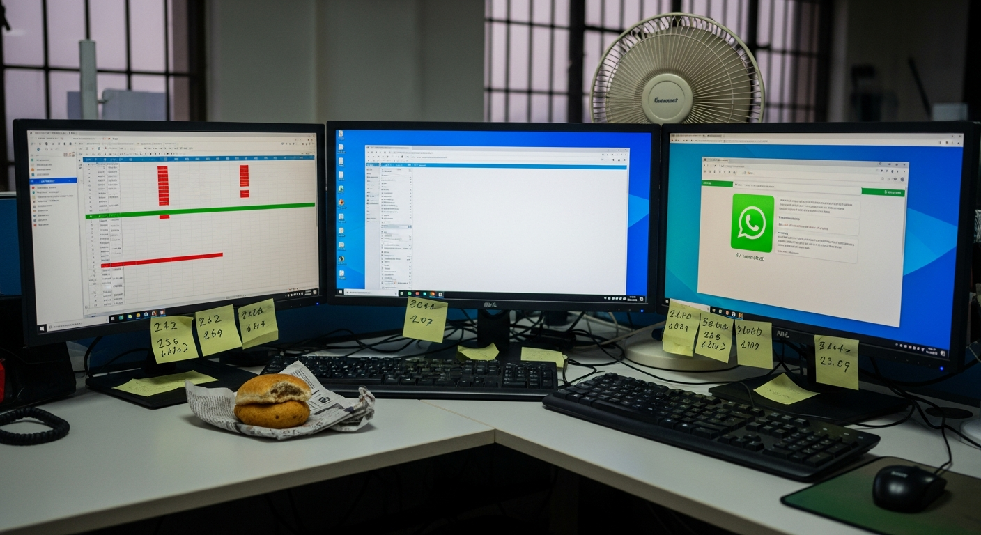 Editorial photograph of an overloaded ops desk in a Mumbai warehouse office with three monitors and 47 unread WhatsApp messages