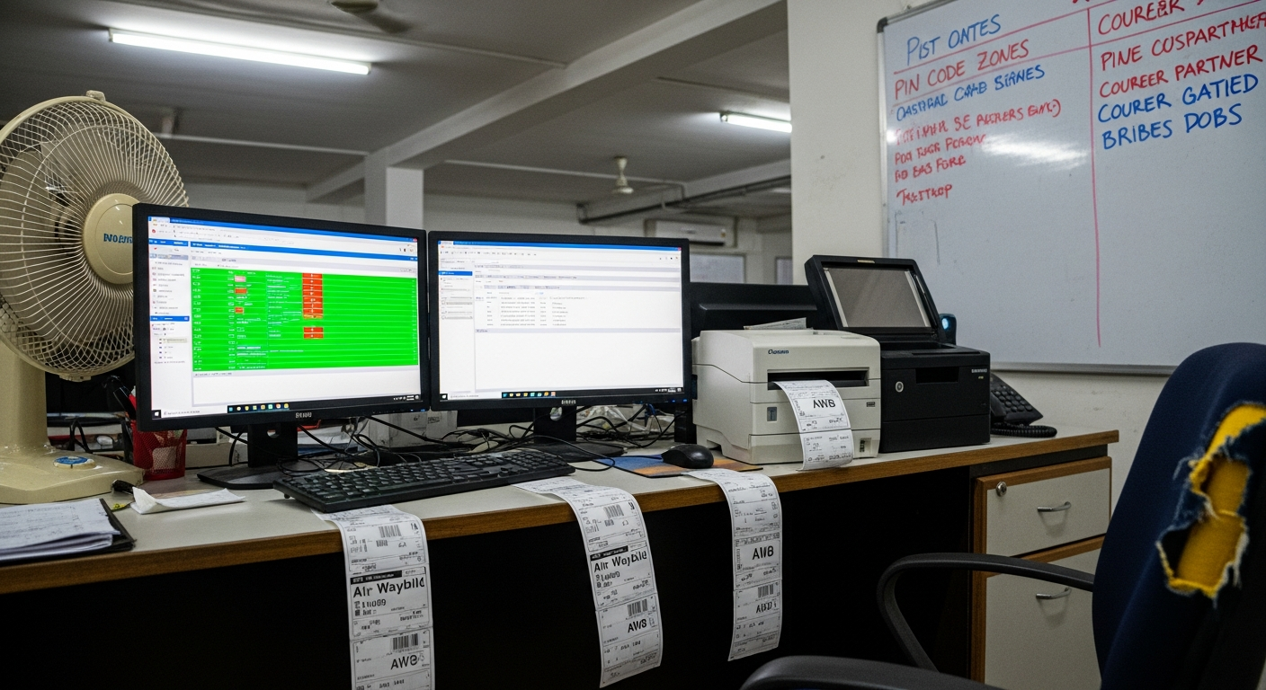 A warehouse operations desk in a fulfillment center showing logistics dashboards and printed AWB labels