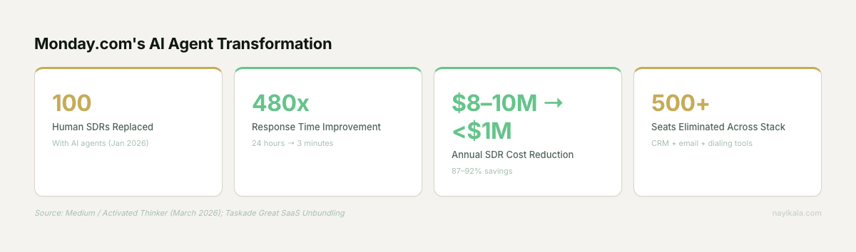 Monday.com stat cards: 100 SDRs replaced, 480x response improvement, $8-10M to under $1M cost, 500+ seats eliminated