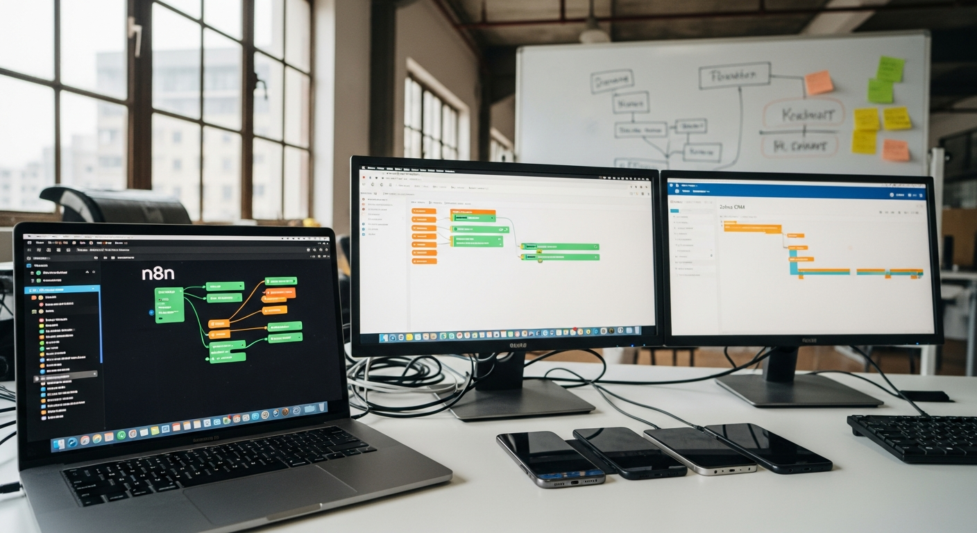 Founder’s desk in a converted warehouse office showing n8n workflow automation canvas on laptop, CRM pipeline on second monitor, whiteboard with flow diagrams